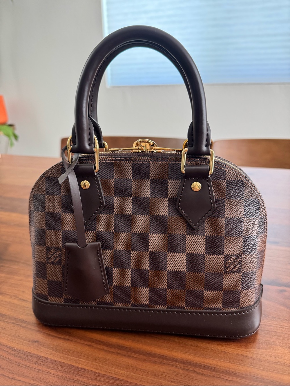 Louis Vuitton Brown Checkered Mini Alma Bag with Gold Hardware
